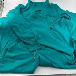 Medcouture Green Scrub Set with Jacket Straight Leg Pants V-Neck Top